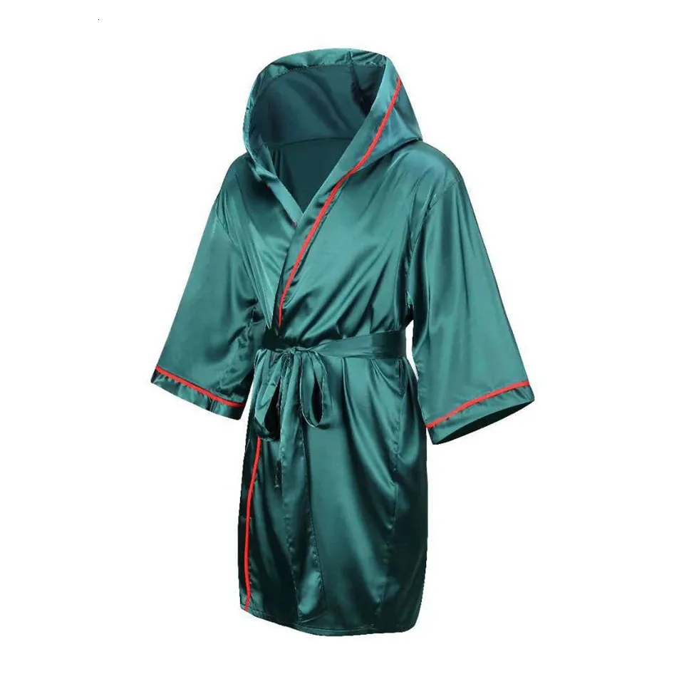 Boxing Robe with Hood Green Silk Satin Adult Martial Arts Kickboxing Match Training Gown Cloak Women Men Muay Thai MMA Uniform 240304