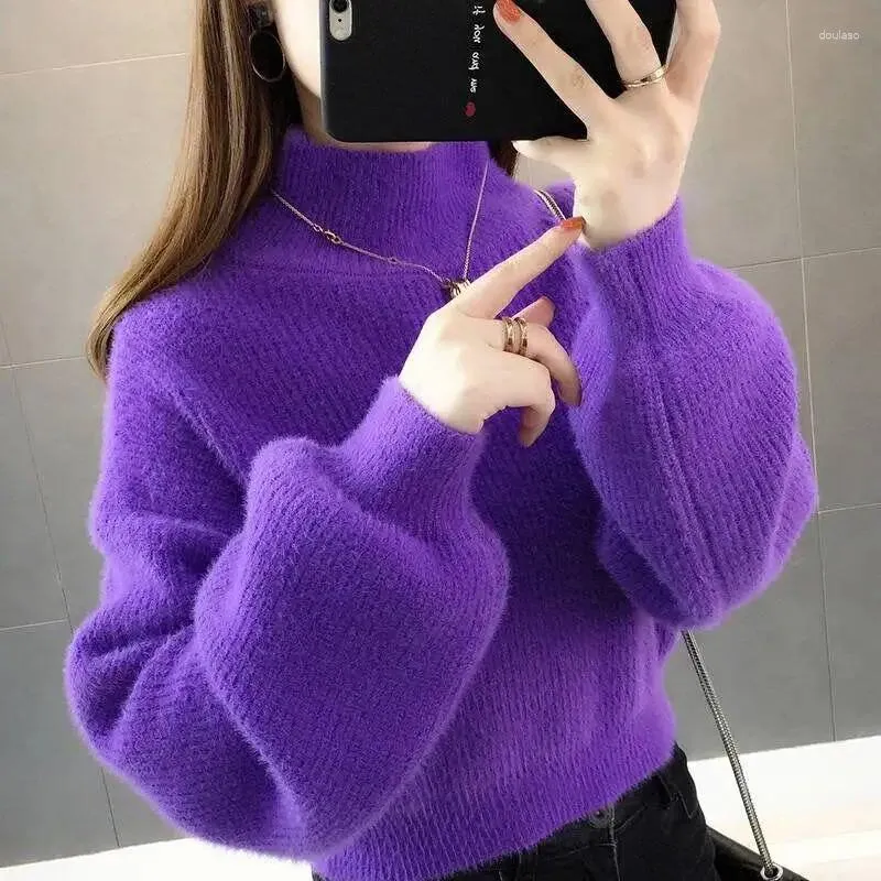 Suéter feminino gola alta malha top para mulheres pulôver gola alta roxo tendência feminina 2024 tops altos harajuku moda venda