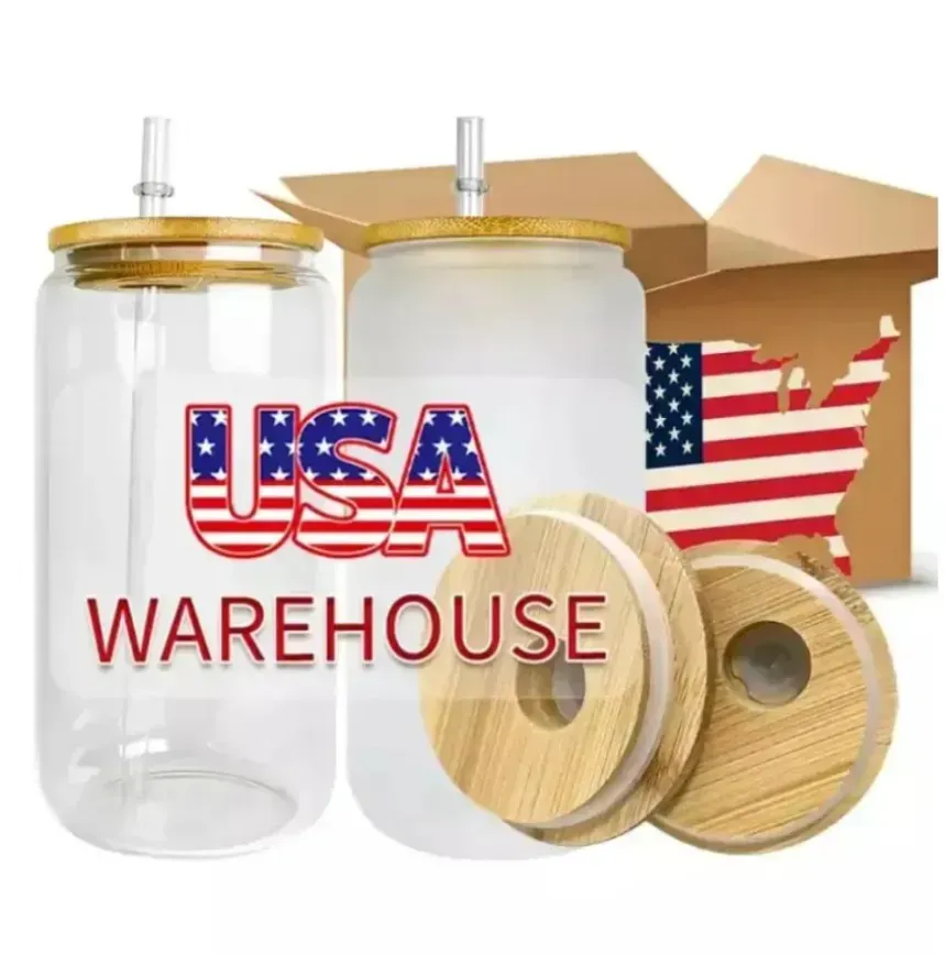 Ca us warehouse 3-10 dagar leverans 16oz sublimering glas muggar kopp tomma ämnen med bambu lock frostat öl kan glasögon tumlar mason burk plaststrå halm