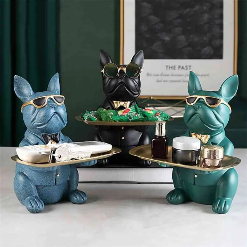Nordisk fransk bulldogg skulptur hund staty smycken lagring bord dekoration present bälte platta glasögon hem konst 210827294y