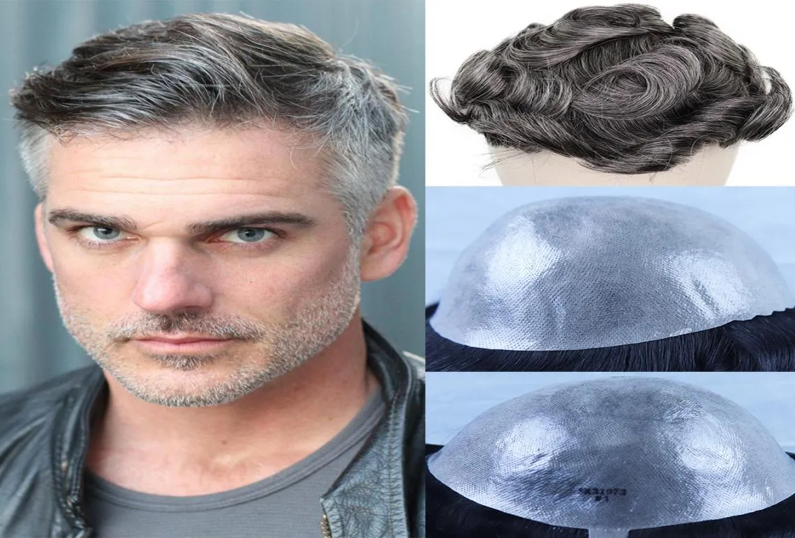 Perucas duráveis para homens, marrom, misto, cinza, cabelo remy humano, pele pu, fino, natural, peruca, sistema de substituição, 6027236