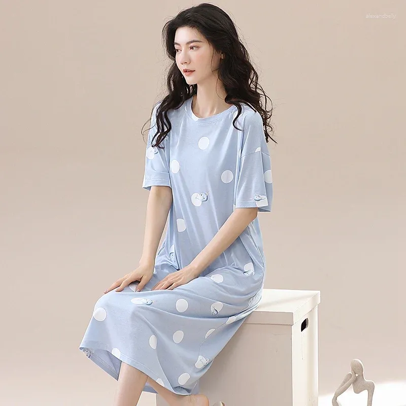 Ropa de dormir para mujer 2024 Camisones modales de manga corta de verano para mujeres Coreano lindo lunar vestido largo camisón vestido de noche hogar camisón