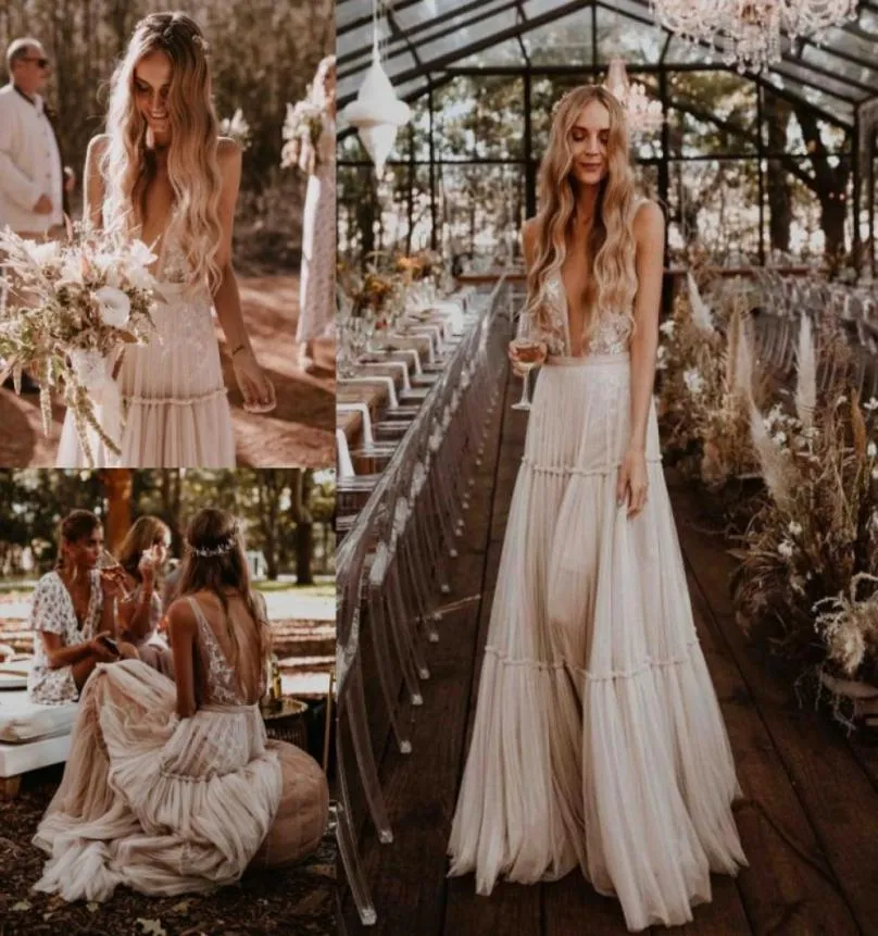 Fabulous Lace Boho Backless Wedding Dresses A Line Deep V Neck Beach Bridal Gowns Tulle Floor Length Bohemian vestido de novia9888144