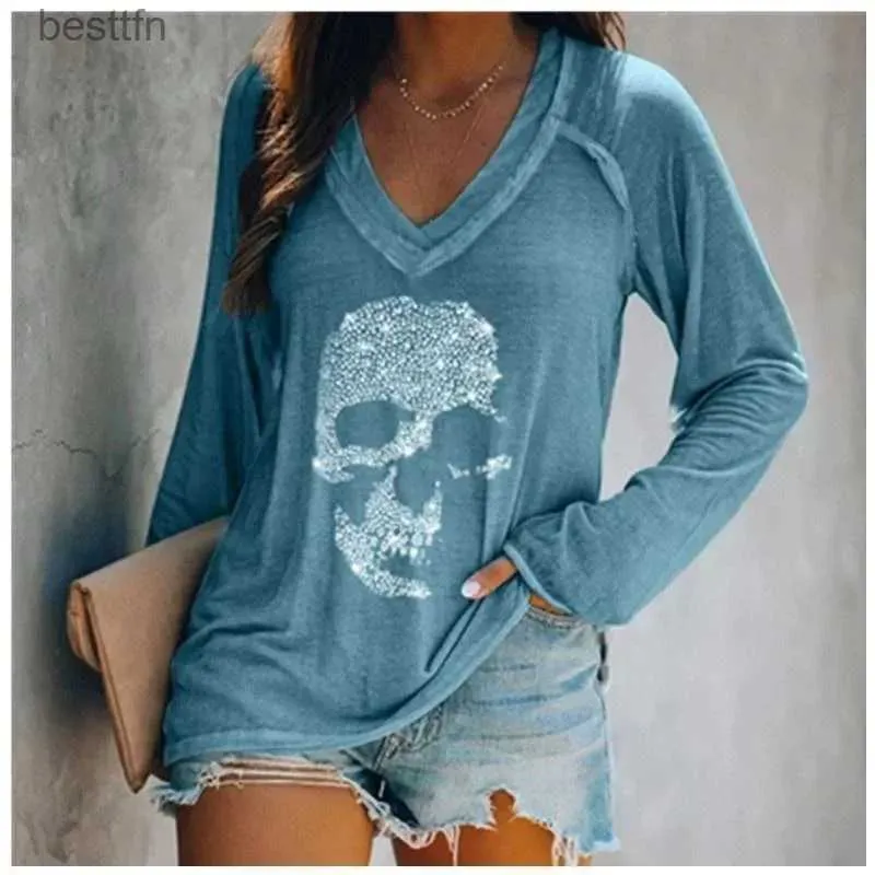 Women's T-Shirt Casual Zircon Printed Skull T Shirts Women v Neck Long Sle Young Girls Autumn Spring Loose Large Size Blouse Tops 5XL 240311