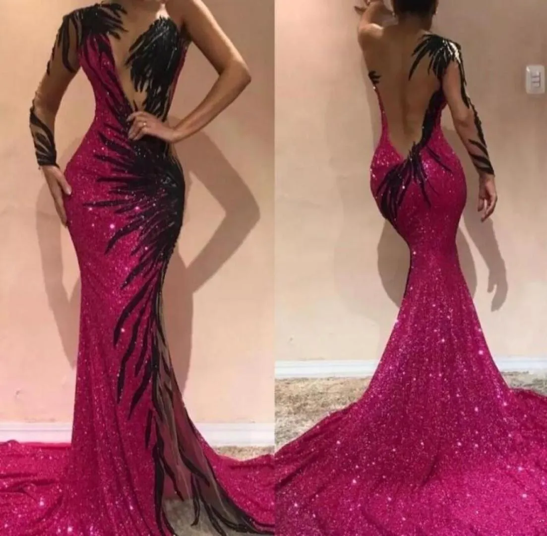 Sparkly Fuchsia Sequined Sexy Prom Dresses One Shoulder Illusion Appliques Sequin Sheer Backless Mermaid Evening Clows Red Carpet9334741