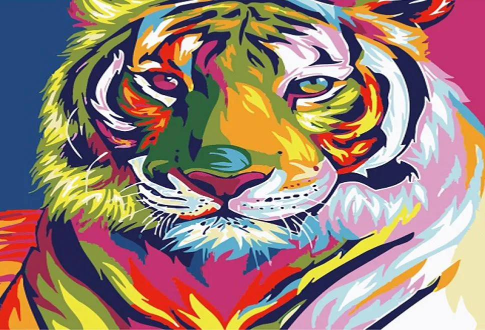 Peinture à la main par numéros coloré Lion tigre chat animaux photo coloriage peinture par numéros tissu de lin pour décoration murale 6611526