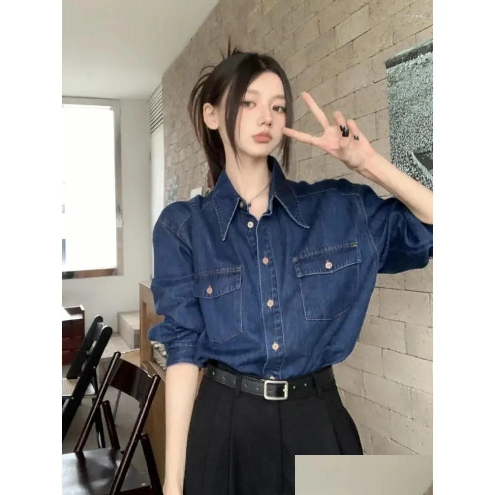 Damesblouses Overhemden Blauw denim overhemd Lente herfst Lange mouwen Kraagvorm Losse blouse Single Breasted Casual vest Dames Otfvj