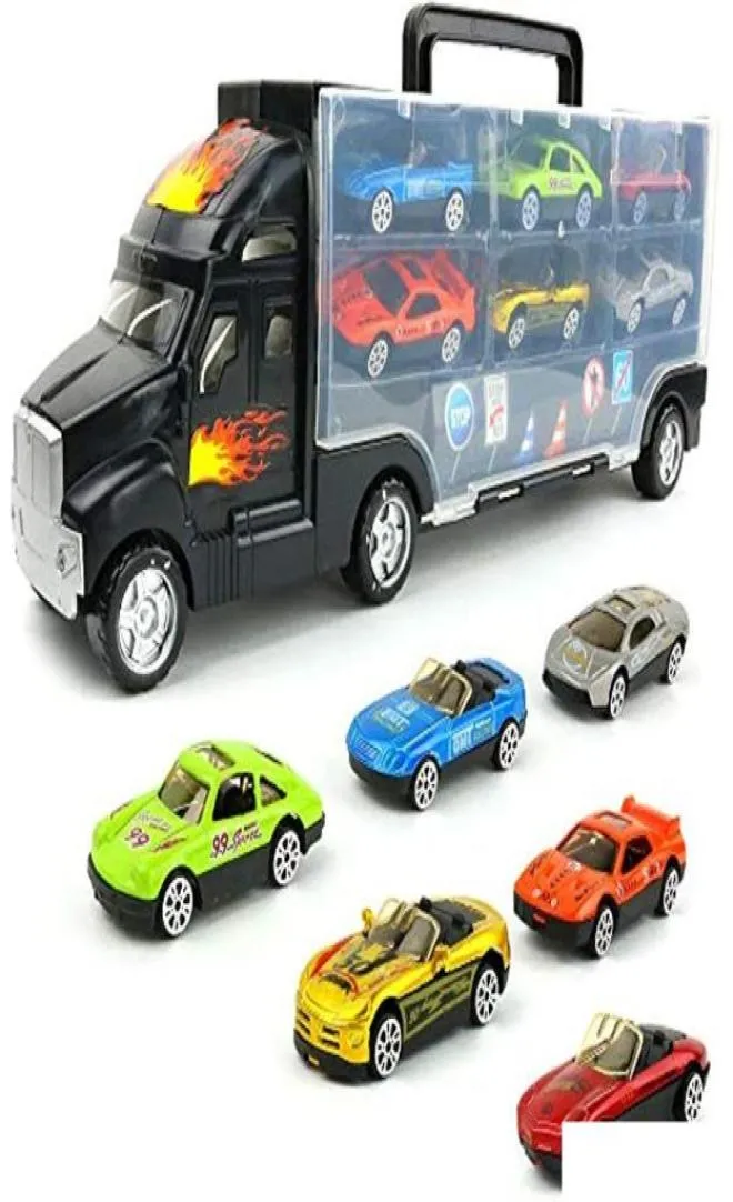 Jouet de camion de transporteur de transport de voitures miniatures moulées sous pression avec 6 jouets de course en métal élégants étui de transport de véhicule cadeaux de livraison directe Dhpzf6560577