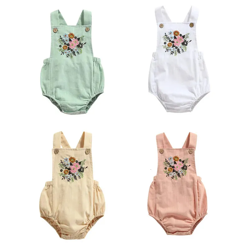 Vêtements de bébé fille sans manches barboteuse avec broderie de fleurs bouton inférieur bandoulière réglable combinaison vêtements d'été 240307