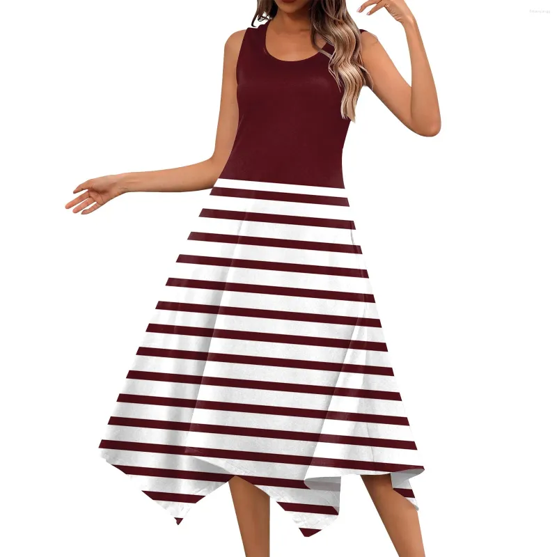 Casual Dresses Women'S Fashion Round Neck Sleeveless Print Irregular Hem Midi Dress Elegant For Women Summer One-Piece