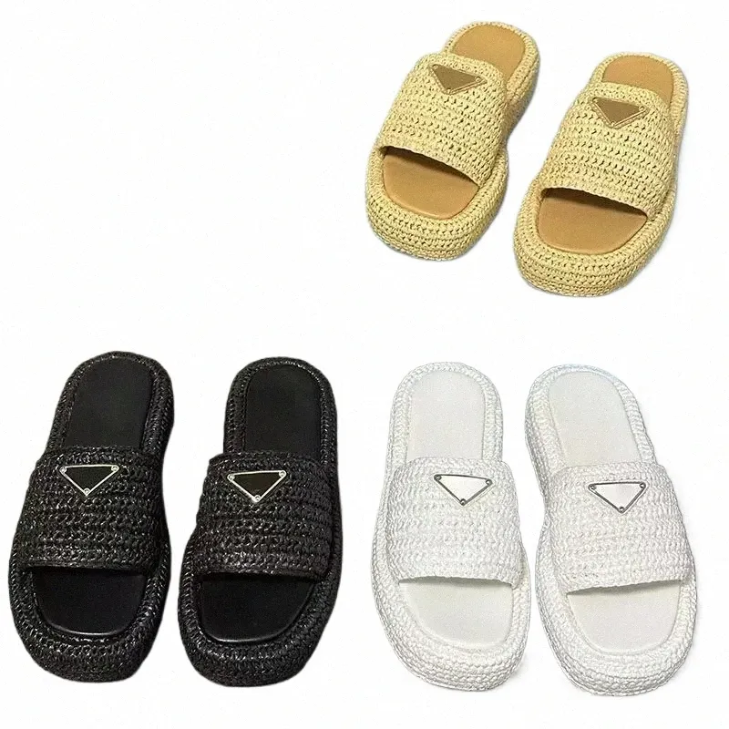 Sandales de designer Dames Plate-forme de luxe Pantoufles Sandale de paille de raphia Fabriqué en Italie Triangle Boucle Mules Talons épais Diapositives 37pS #