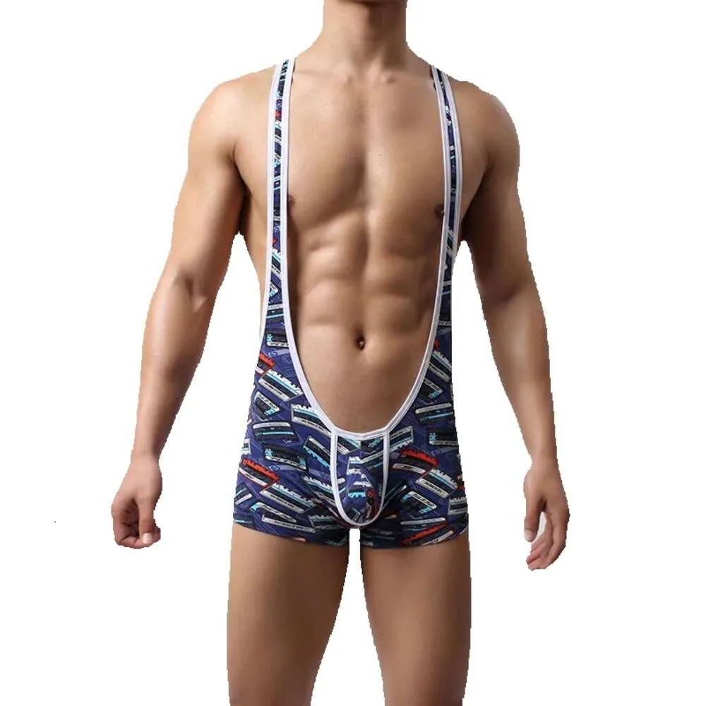 Suit Jumpsuit Sexy Mens Wrestling B Underwear Men Singlet Undershirt Gay Man Blue Print Bodysuit Mankini Swimsuit Leotard Undershirts lue odysuit kini s