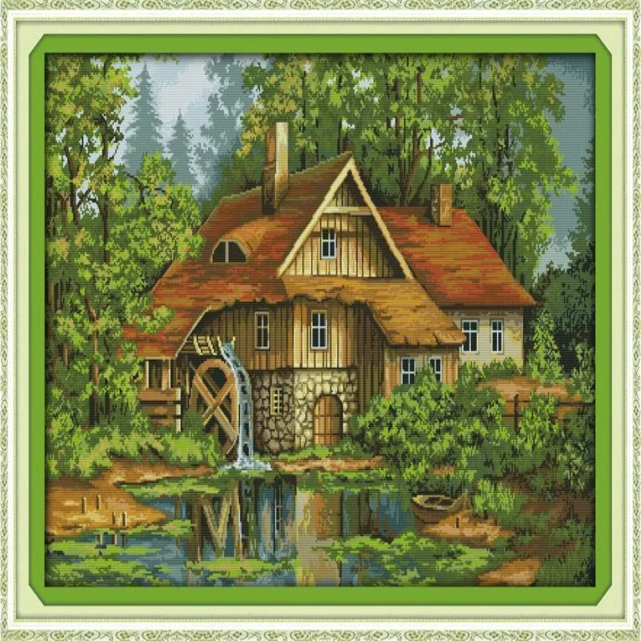 Hütte mit Wasser-LKW-Landschaft, Heimdekoration, Gemälde, handgefertigte Kreuzstich-Stickerei, Handarbeitssets, gezählter Druck auf Leinwand, DMC 12501