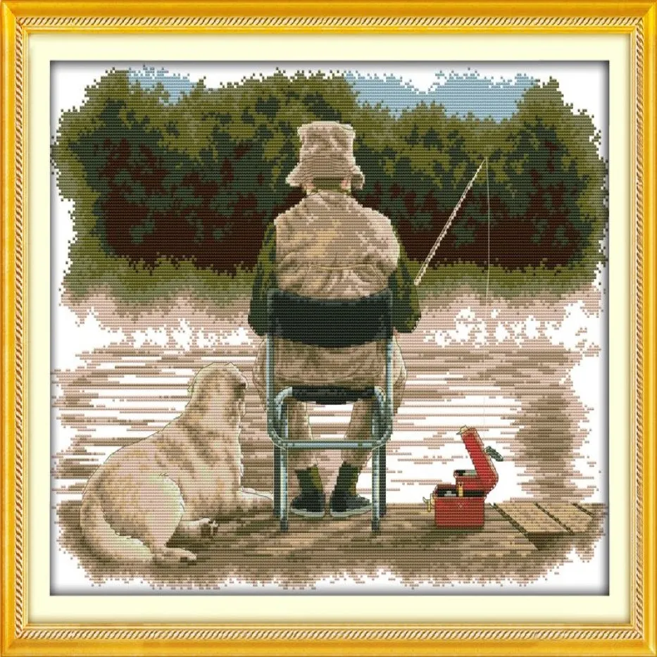 Old Man and Dog Fishing Decor Paintings Handgjorda korsstygnbroderiets handarbetsuppsättningar räknade tryck på duk DMC 14CT 11CT289G