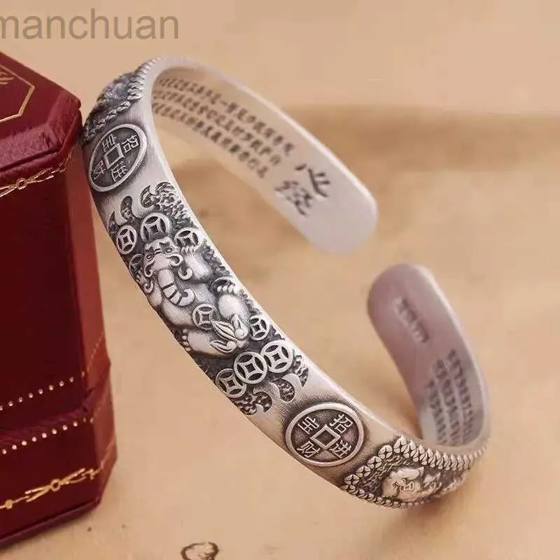 Bangle S999 Silver Minority Design Pixiu Heart Sutra Armband Man Retro Personlighet Male Fortune Transfer Open Armband LDD240312