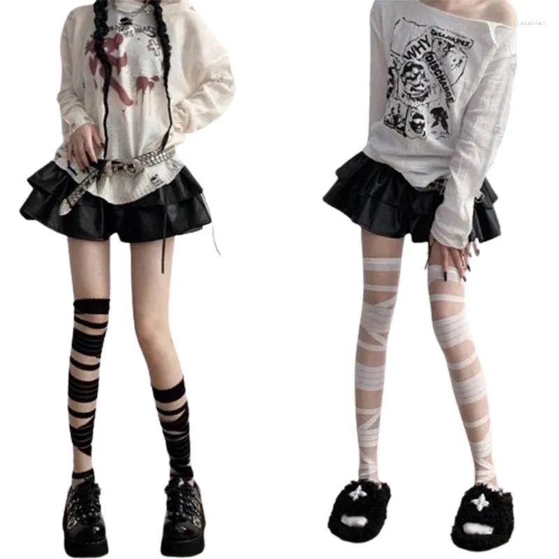 Women Socks Stockings Bandage Silk Thigh Knee Cross Strap Transparent White Black Stocks Gothic Punk Long Hosiery