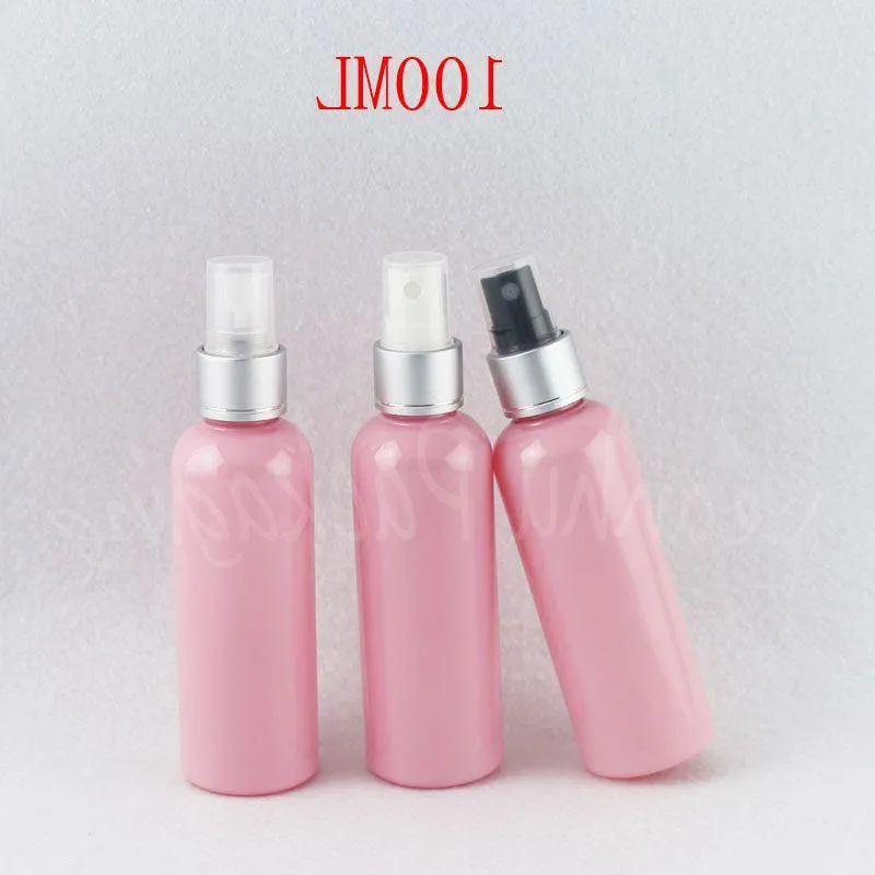 100 ml rosa Plastikflasche mit silberner Sprühpumpe, 100 CC Make-up-Unterabfüllung, kosmetische Wasserverpackungsflasche (50 Stück/Lot) Vteor
