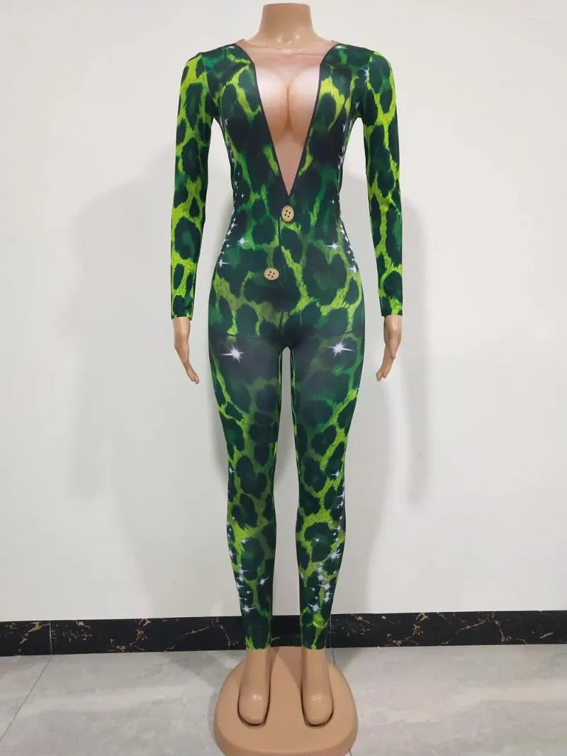 Stage Wear Women Singer Bar Nightclub Costume Green Leopard Prints Skinny Jumpsuit Long Sleeve Round Collar Elastic Leotard Rompers