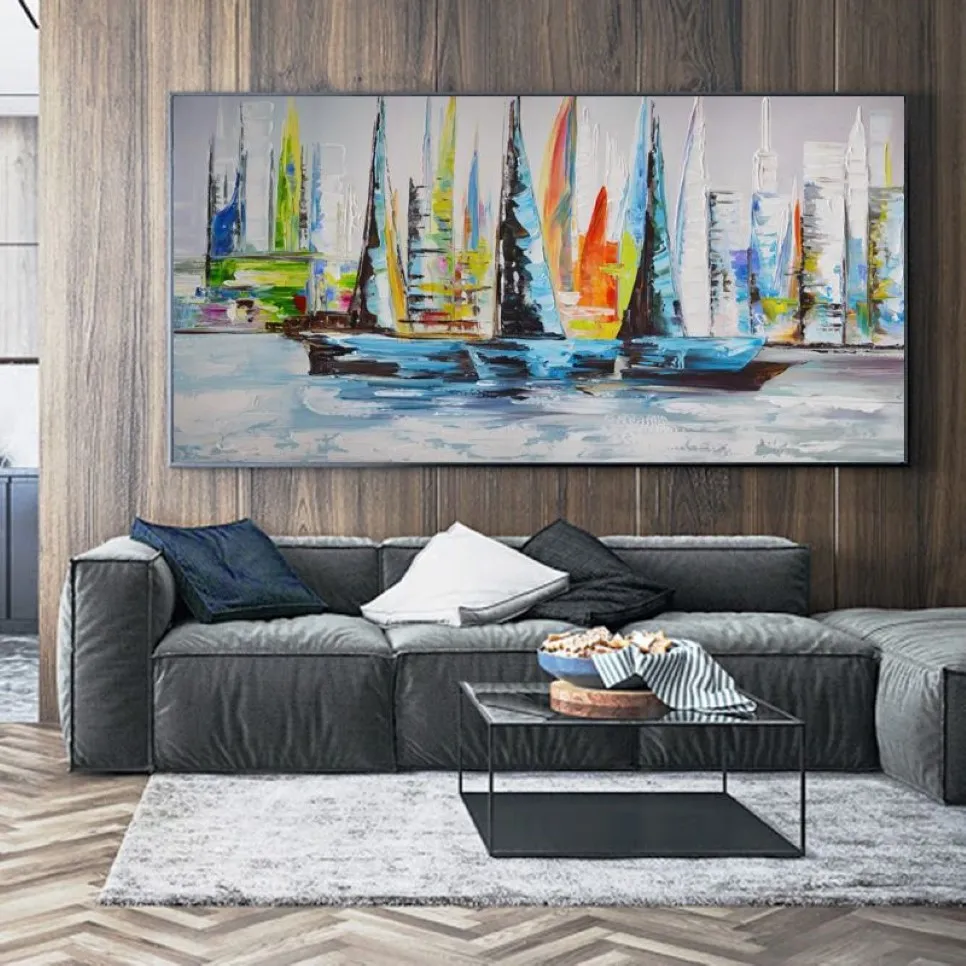 Barco mar cartaz pintura a óleo em tela impressões paisagem colorida fotos de parede para sala estar decoração casa cartazes e prints244e