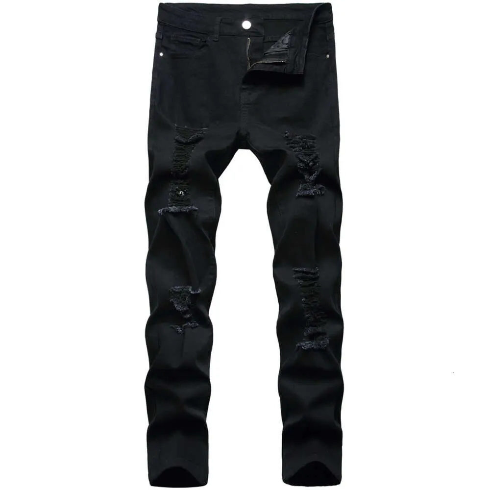 Kot pantolon retro siyah pantolon streç deliği yırtık ince uygun yüksek kaliteli moda gündelik denim pantolon 954