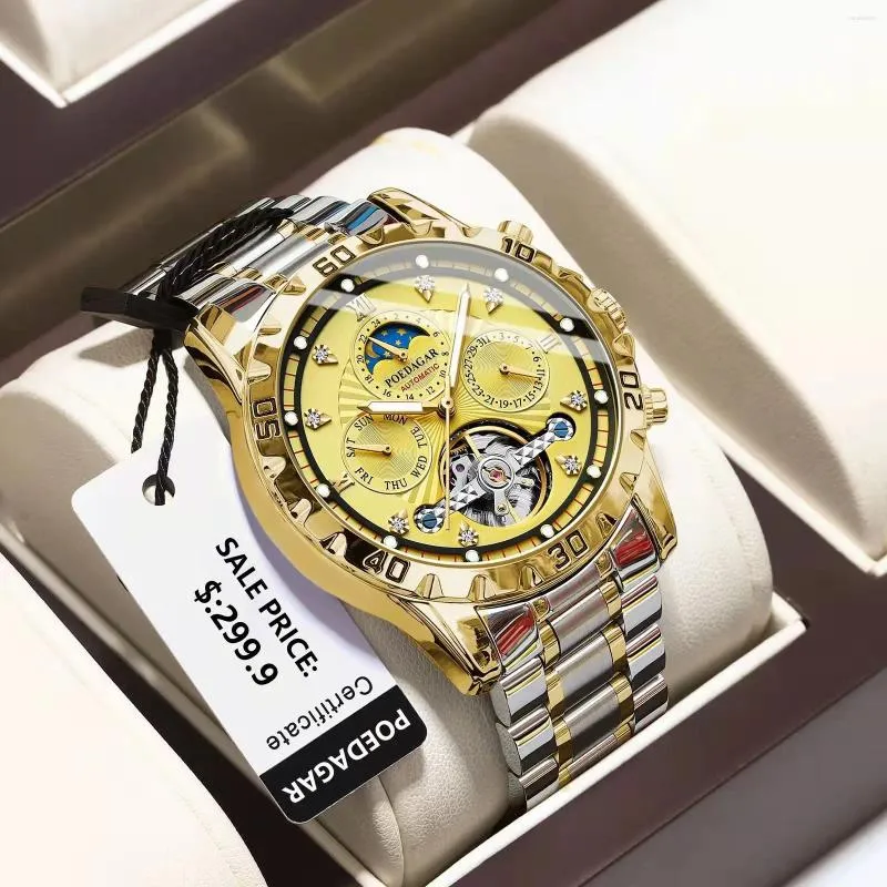 Armbanduhren POEDAGAR Luxus automatische mechanische Uhr Tourbillon wasserdicht leuchtende Datum Woche Männer Armbanduhr Edelstahl Herren