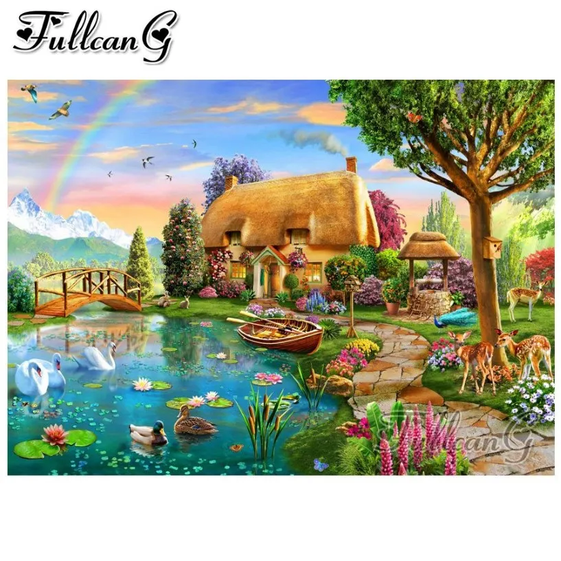 FULLCANG 5d diamant mazayka lakeside cottage diamant schilderen diy volledige vierkante ronde boor regenboog landschap foto FC1489275R