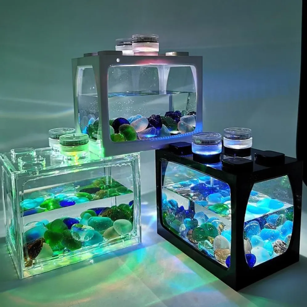 Akvarier Desktop Aquarium Fish Tank med Light Battery Type Small Supplies270e