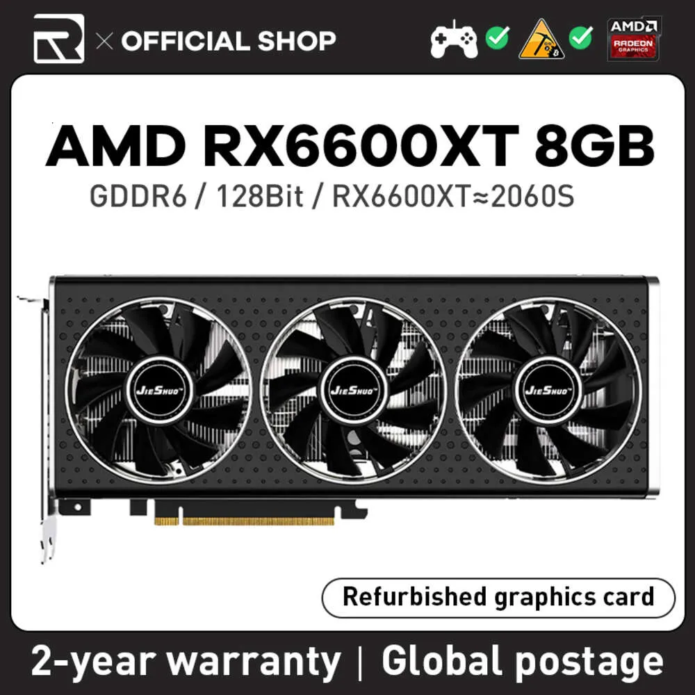 JIESHUO AMD RX 6600XT 8 ГБ Видеокарта с тремя вентиляторами GDDR6 GPU 128 бит RX6600 XT 8G ПК Настольные игры Офис KAS RVN CFX ETH и