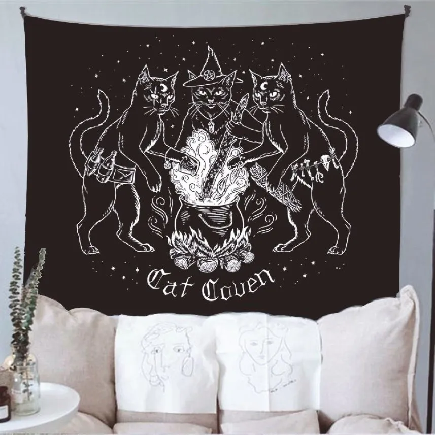 Cat Witchcraft Tapestry Wall Hanging Tapestries Mysterious spådom Baphomet Occult Home Wall Black Cool Decor Cat Cove290n