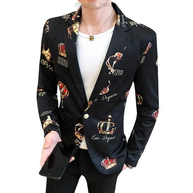 Süslü Elmas Taç Baskılı Blazer Erkekler Düğün Partisi Sahne Kıyafet Ceket Blazers Mens Slim Fit Sıradan Akıllı Jaqueta