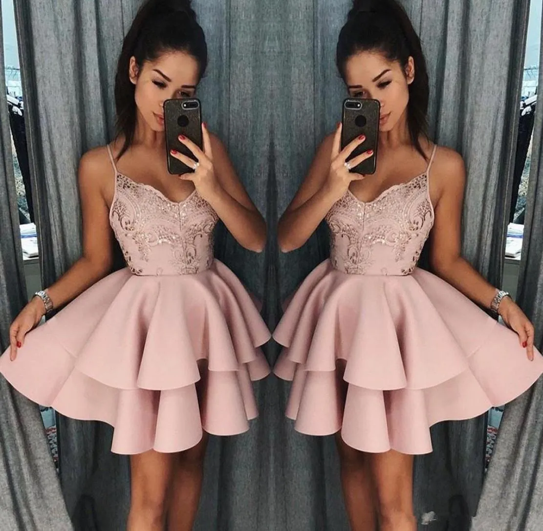 Dusty Rose Curto Homecoming Vestidos New Fall Spaghetti Straps A Line Layers Cocktail Dress Lace Lantejoulas Mini Prom Gowns1539615