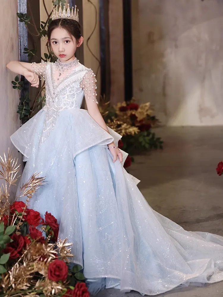 Crystal Beaded princess flower dress with Pearls and Tiered Skirt for Wedding, Pageant, First Holy Communion - Long Train Bling Gown for Little Girls
