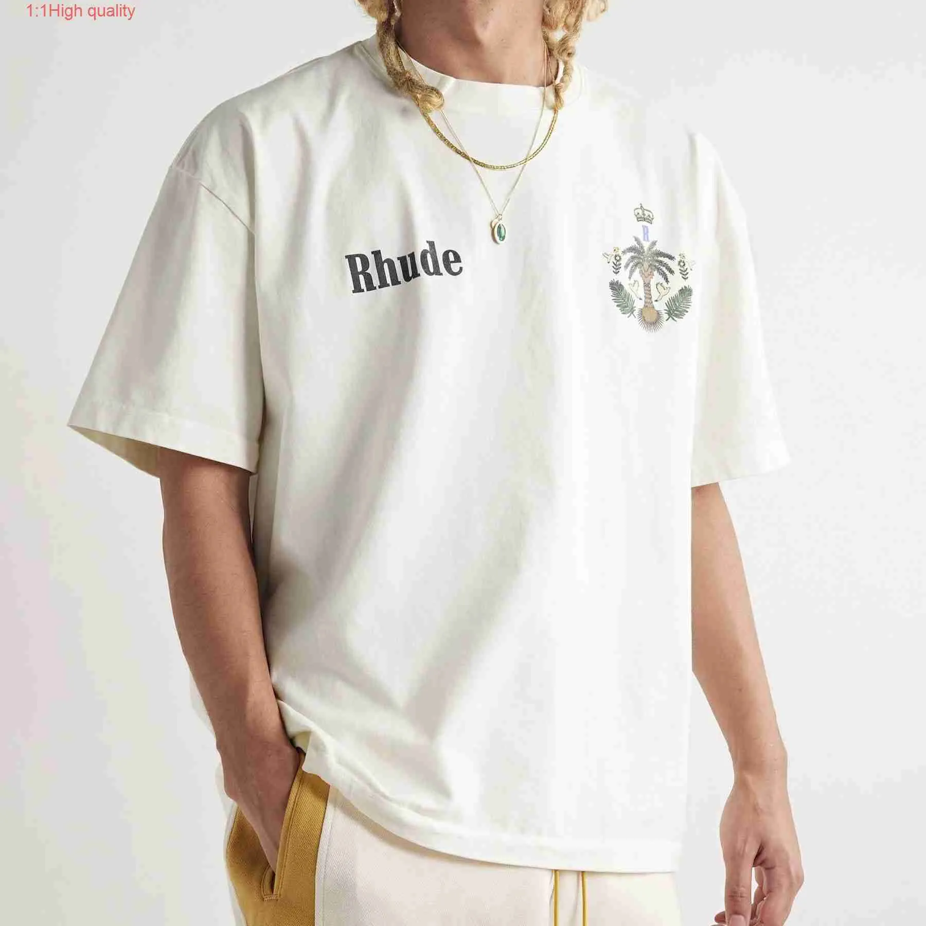 夏のrhude夏のクラウンココナッツツリー半袖メンズスモールファッションブランドルーズコットントップレディースTシャツ