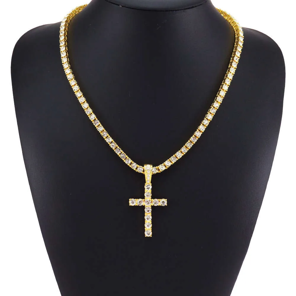 Pendentif croix cloutée Hip Hop, collier de chaîne cubaine, chaîne de tennis en diamant à une seule rangée, accessoire tendance