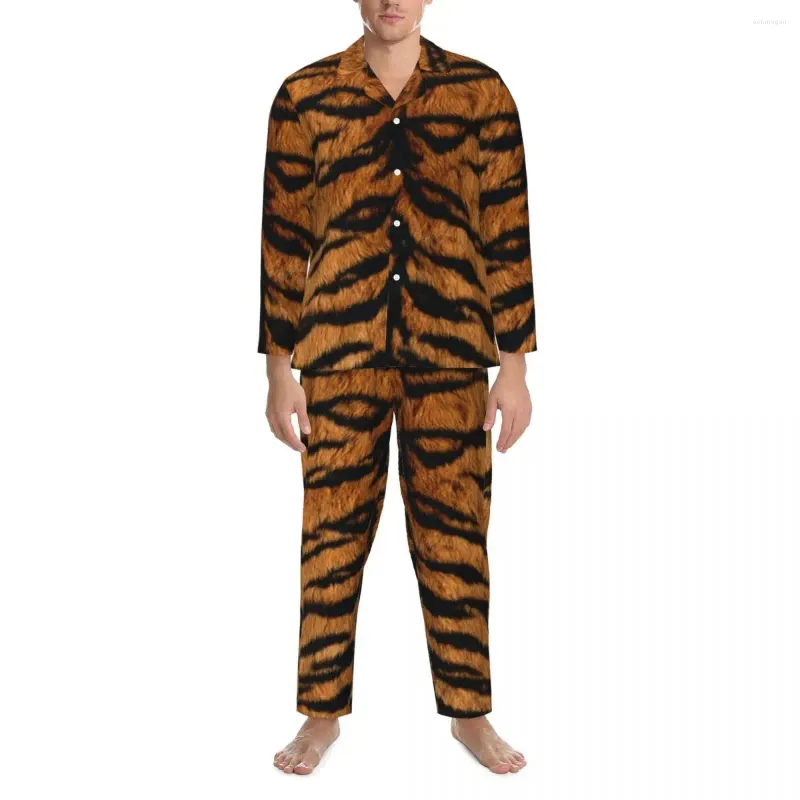 Vêtements de nuit pour hommes uniques imprimés tigre pyjamas ensemble automne fourrure d'animal sauvage doux loisirs couple 2 pièces décontracté surdimensionné design vêtements de nuit