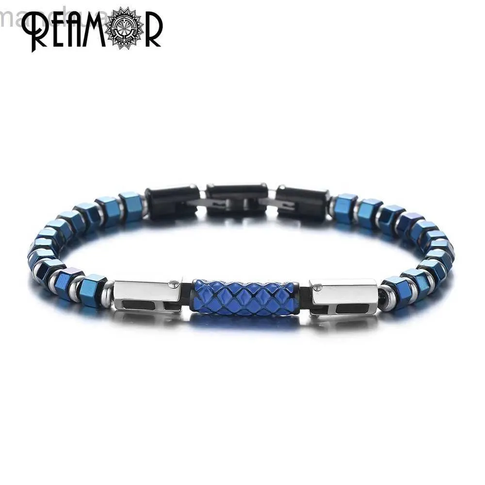 Bangle REAMOR Luxury Blue Enamel Craft Stainless Steel Connector Bracelets Men Women Blue Hematite Bangle With Detachable Clasp Jewelry ldd240312