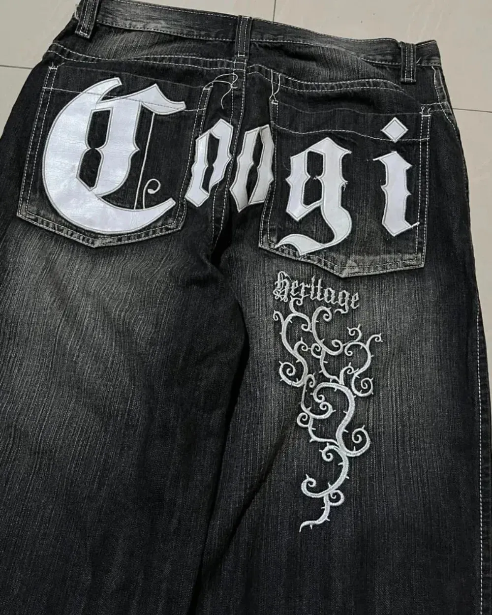 Baggy Jeans Hip Hop Punk Y2k Jeans Heren Patroon Brief Borduren Harajuku Zwarte Dames Jeans Wijde Pijpen Rechte Broek 230226