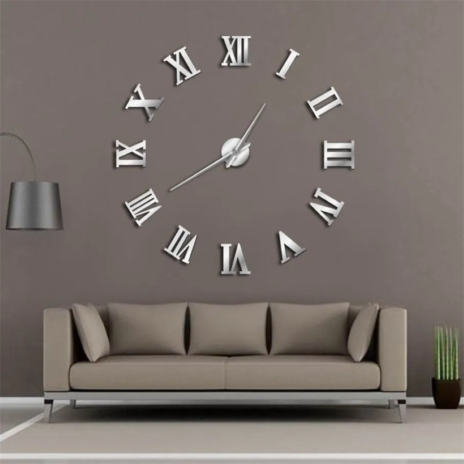 Modern DIY stor väggklocka 3D spegel Surface Sticker Home Decor Art Giant Wall Clock Klocka med romerska siffror Big Clock Y200110318I