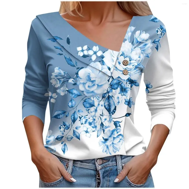 Women's T Shirts Fashion Button Slant Neck Casual Tops Flower Print Women T-shirt Elegant Office Ladies Clothes For Tees 2024 Autumn