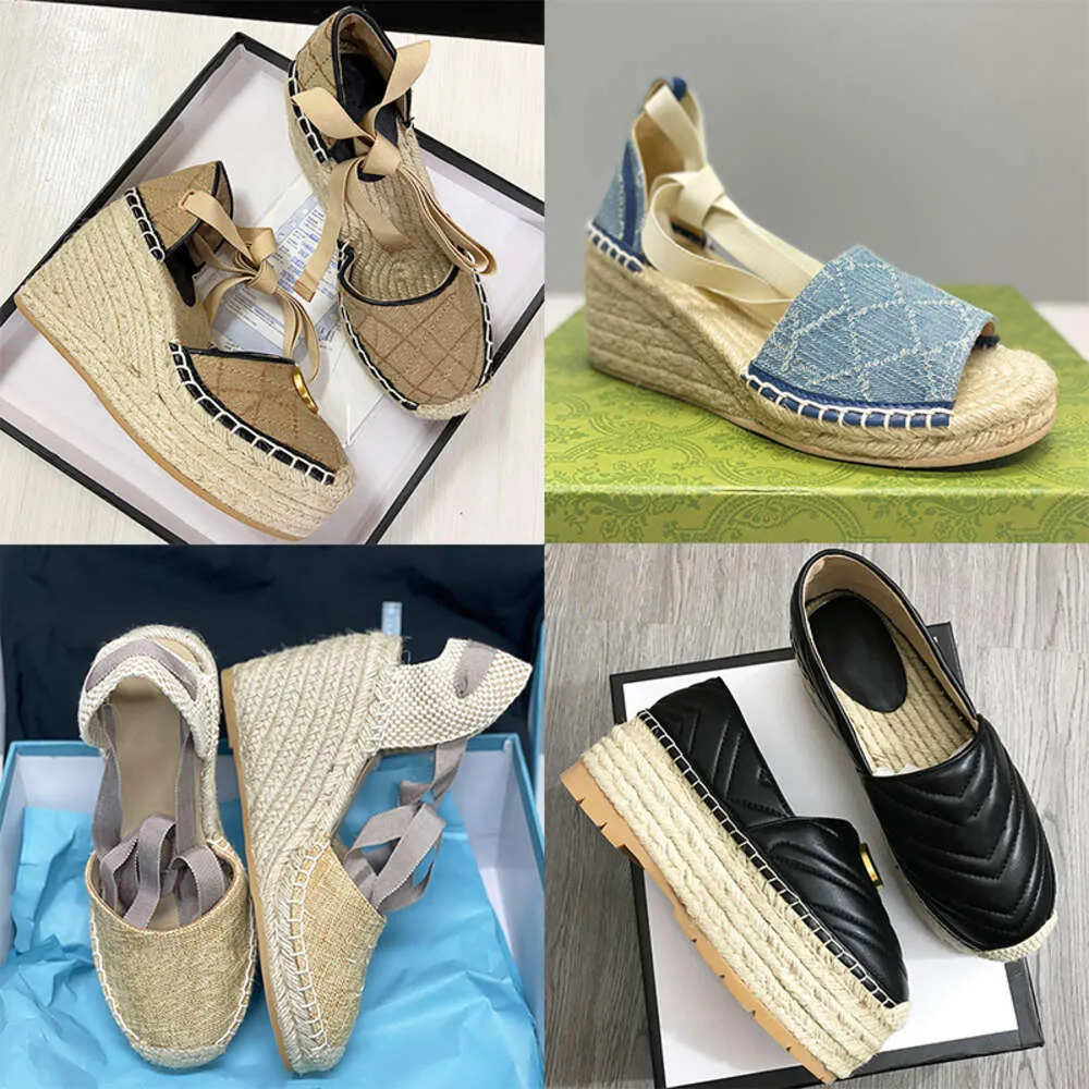 Designers Womens Wedge Platform Sandaler Espadrille Shoes Real Leather Ankel Lace-Up Matelasse Espadrille Ladies High Heel 12cm Storlek 35-41 med Box 037