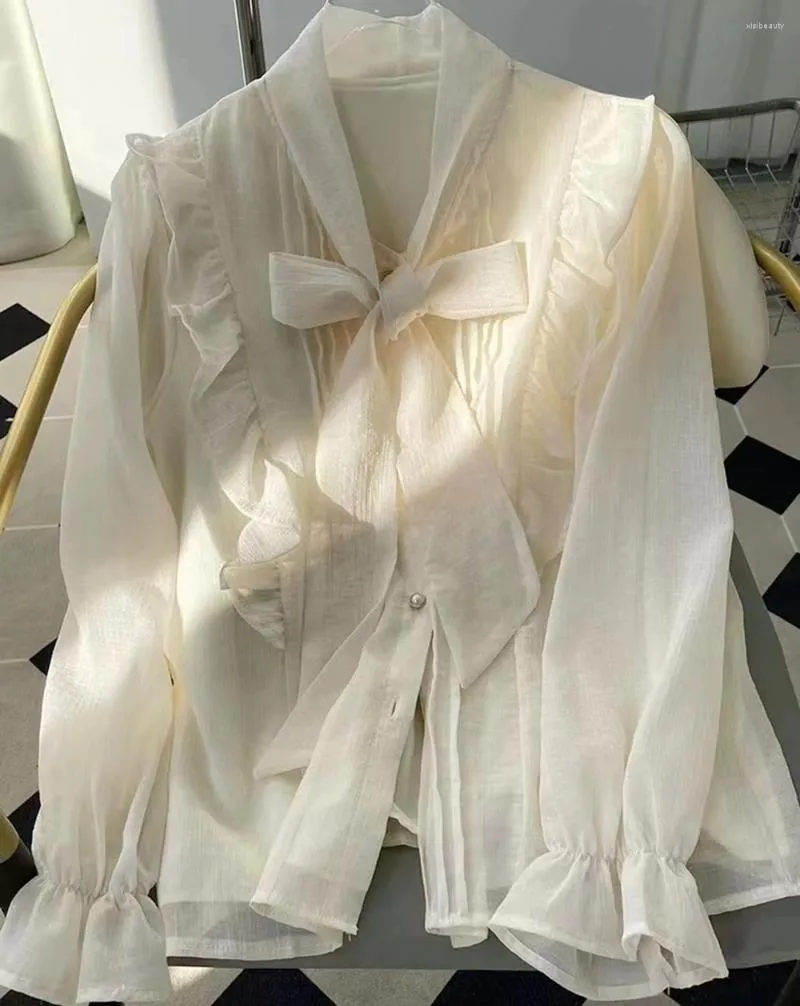 Chemisier en mousseline de soie pour femmes, manches évasées, haut doux à volants, bord avec nœud papillon, chemise coréenne, automne 2024