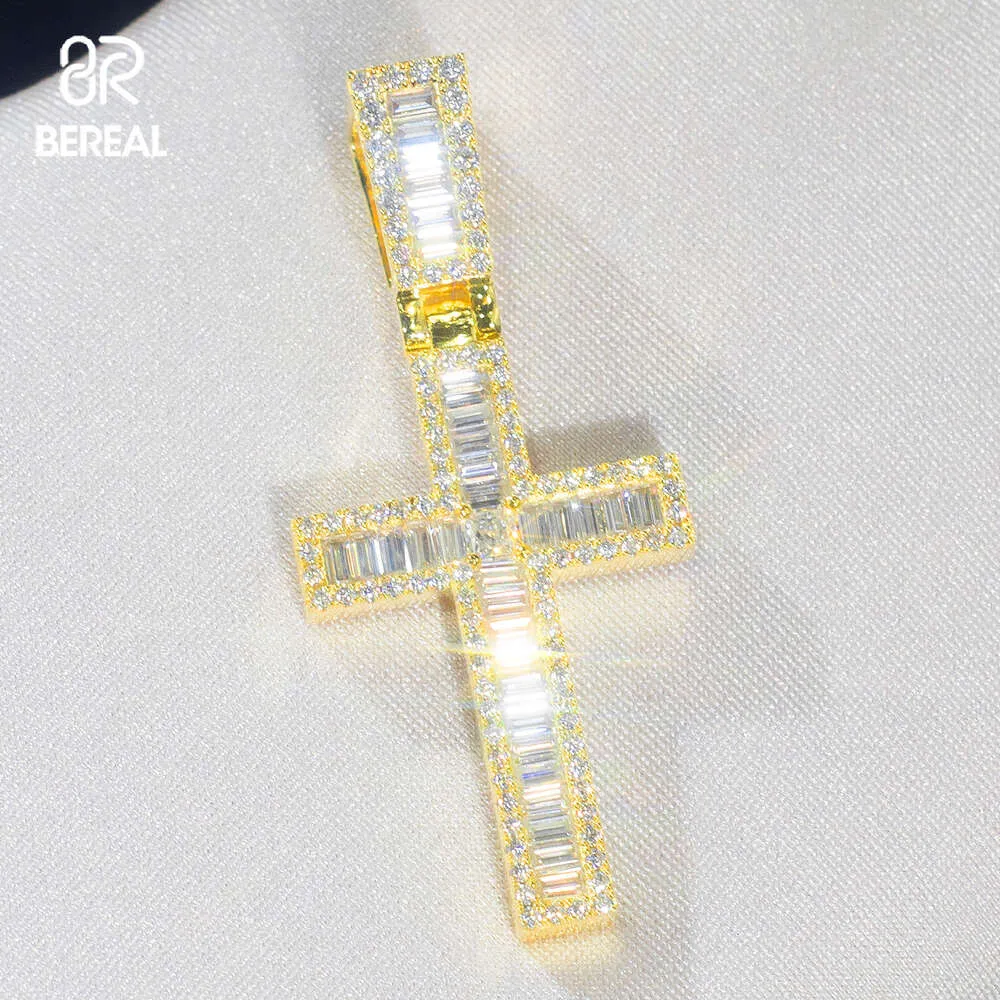 Factory Custom Pass Diamond Tester Vvs Moissanite 10k 14k Yellow Gold 925 Silver Baguette Cross Pendant Fine Jewelry for Men