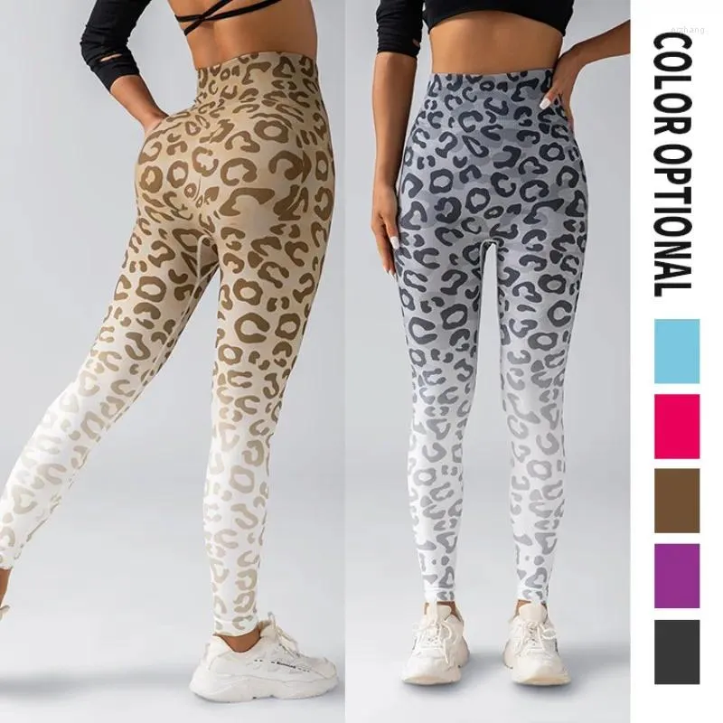 Pantaloni attivi Fitness stampato digitale con stampa leopardata Yoga senza cuciture a vita alta con gradiente sportivo per le donne