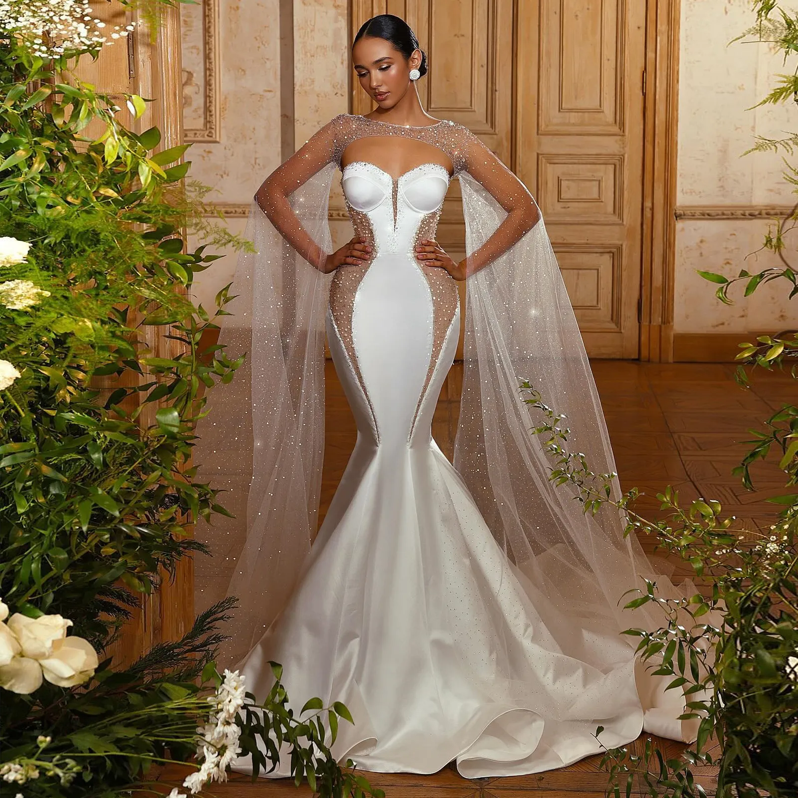 Robes De mariée sirène exquises avec Cape chérie perle Robe De mariée Illusion taille Satin Robe De mariée 326 326