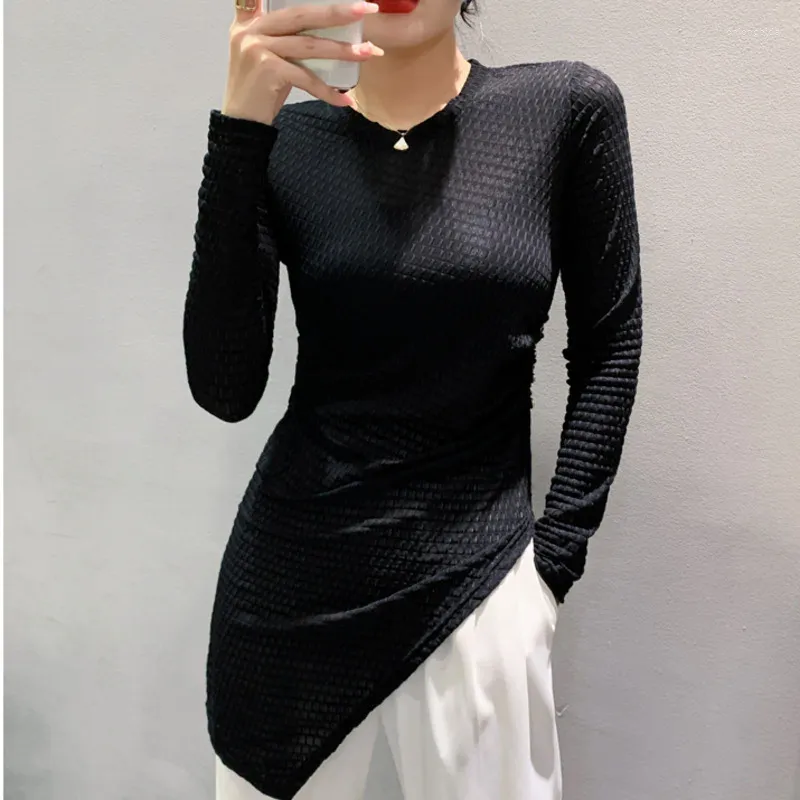 Women's T Shirts #8598 Spring Autumn Black Long Shirt Women Slim Fit Asymmetrical Sleeve Sexy Streetwear Tshirt Buttons Elastic