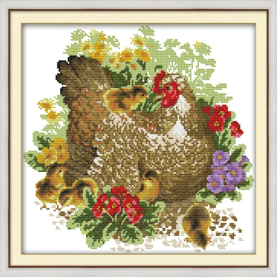 Chicken Mother and Chick Home Decor Paintings Handgjorda Cross Stitch Craft Tools broderi Nålarbete Set Counted Print på Canva330N