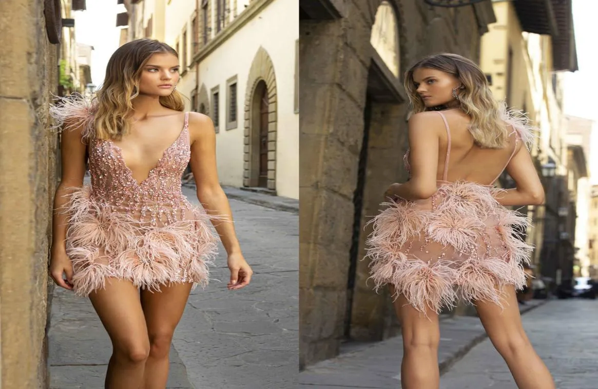 Berta Robes De Bal Sexy Voir À Travers Des Paillettes Perles Plumes Robes De Soirée Bretelles Spaghetti Mini Rose Courte Occasion Spéciale Robe7981317