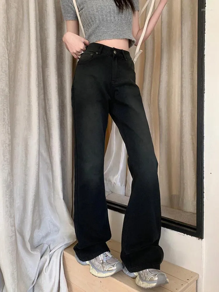 Jeans femininos benuynffy americano high street retro primavera preto cintura solta flare calças estilo coreano moda y2k streetwear