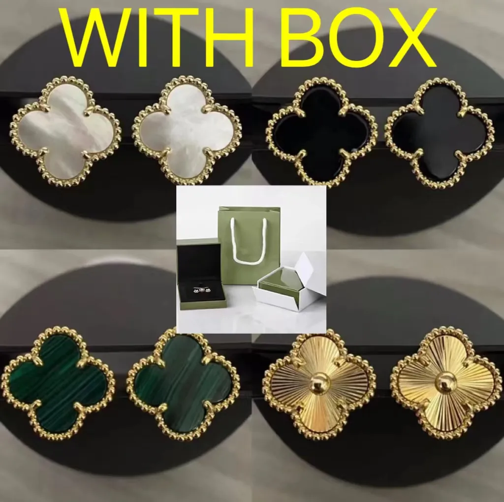 Med Box Clover Earring Four Leaf Clover Charm Designer Studs Earrings Mother of Pearl Plated 18k Gold Studs Agate for Women Wedding Jewelry Gift