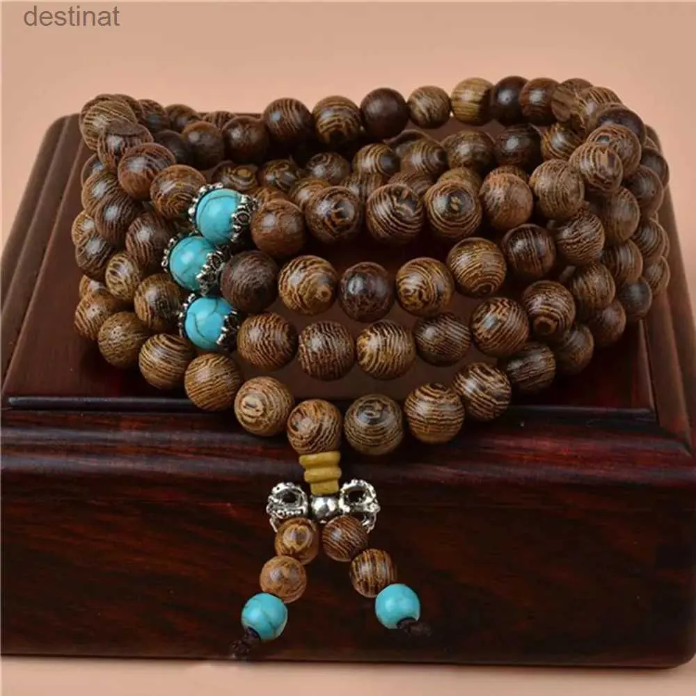 Beaded 108 Träpärlade armband för män Kvinnor Sandelträ Buddhist Buddha Meditation Bön Blue Turquoise Multi-Layered 6mm Armeletsl24213